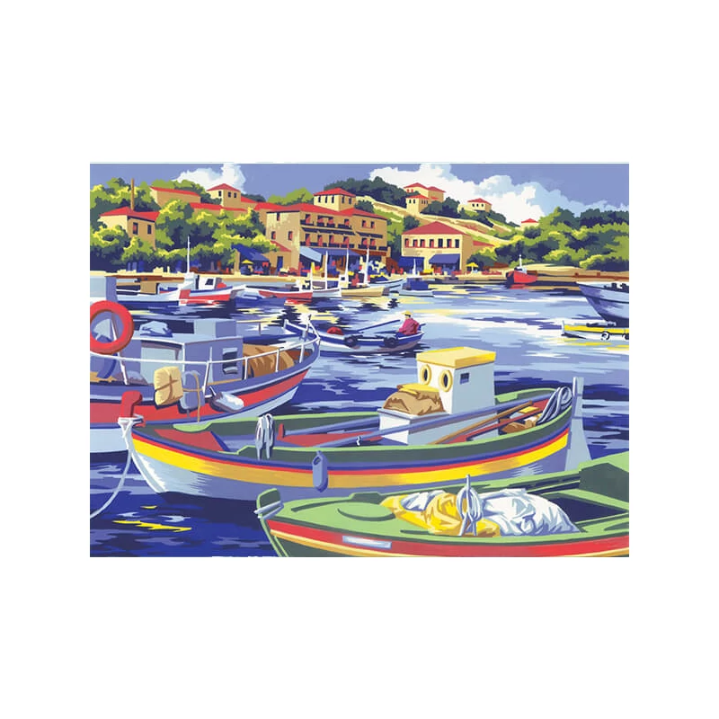 Set de colorat după numere, culori acrilice+pensulă, 29x39 cm - barci de pescuit mediteraneene