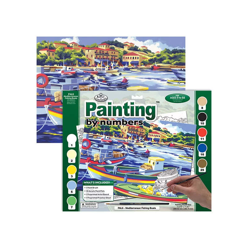 Set de colorat după numere, culori acrilice+pensulă, 29x39 cm - barci de pescuit mediteraneene