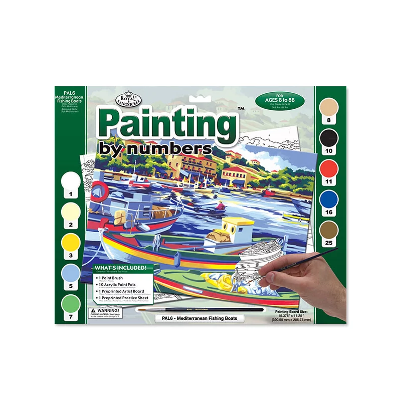 Set de colorat după numere, culori acrilice+pensulă, 29x39 cm - barci de pescuit mediteraneene