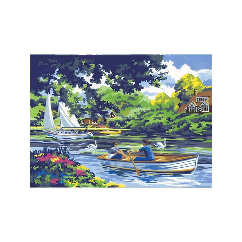 Set de colorat după numere, culori acrilice+pensulă, 29x39 cm - Barca pe rau