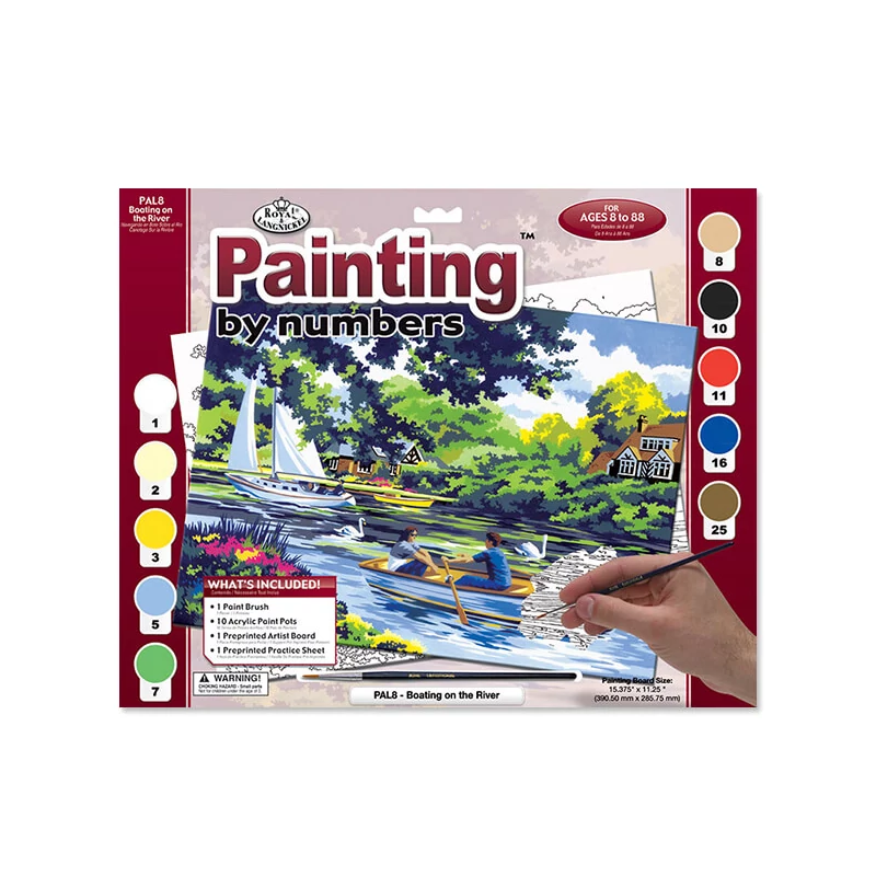 Set de colorat după numere, culori acrilice+pensulă, 29x39 cm - Barca pe rau