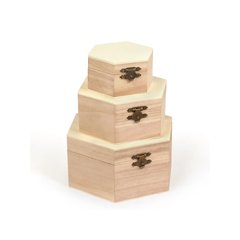 Set de cutii de lemn - 3 bucăți, hexagonale, 16x16x8/13x13x6/9x9x5 cm