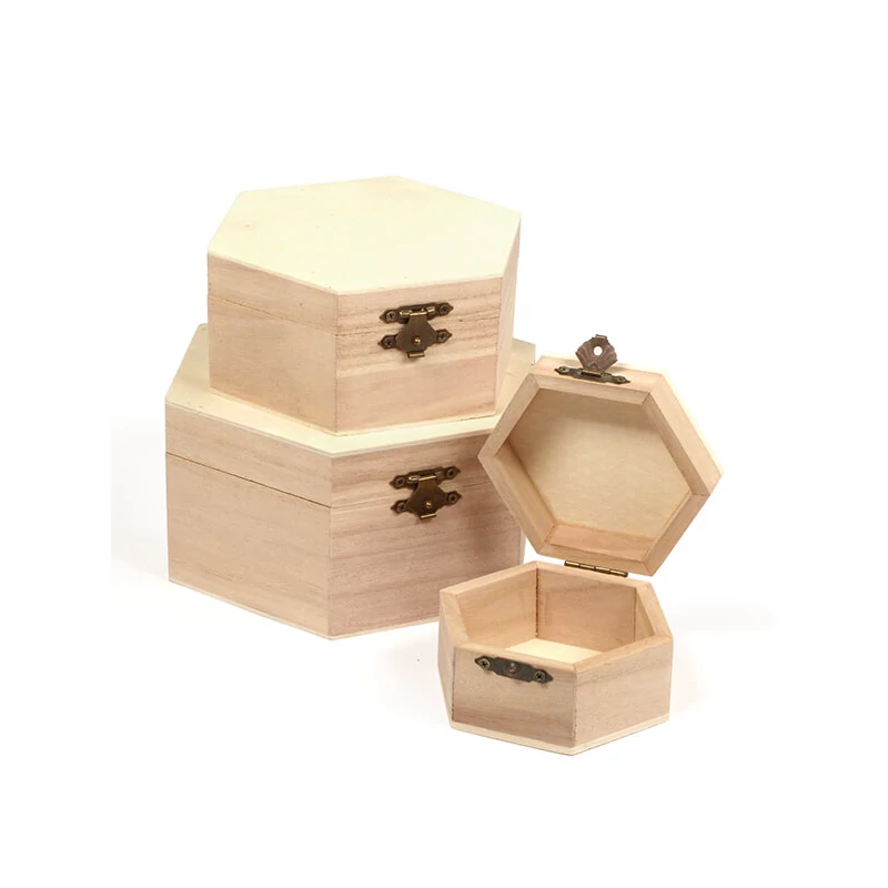 Set de cutii de lemn - 3 bucăți, hexagonale, 16x16x8/13x13x6/9x9x5 cm