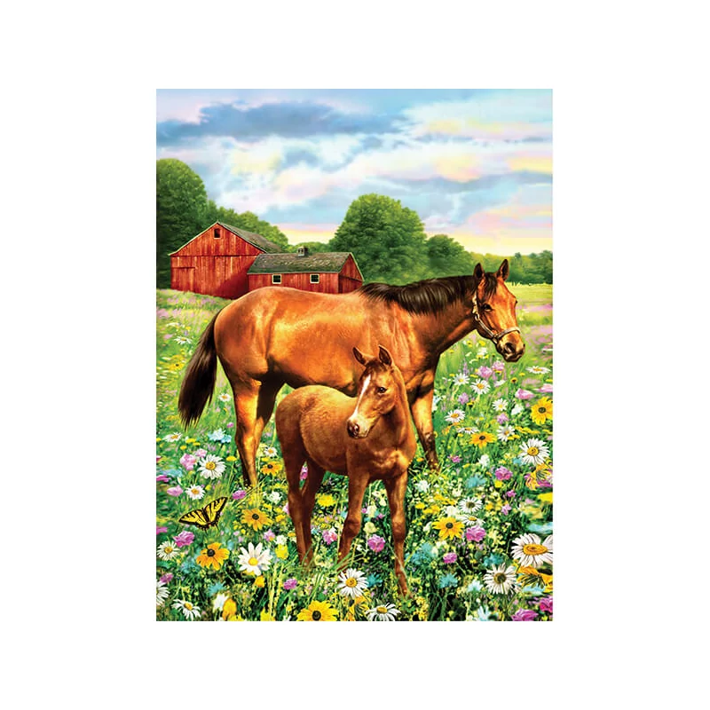 Set de colorat după numere, culori acrilice+pensulă, 22x30 cm - Cai pe pajiște