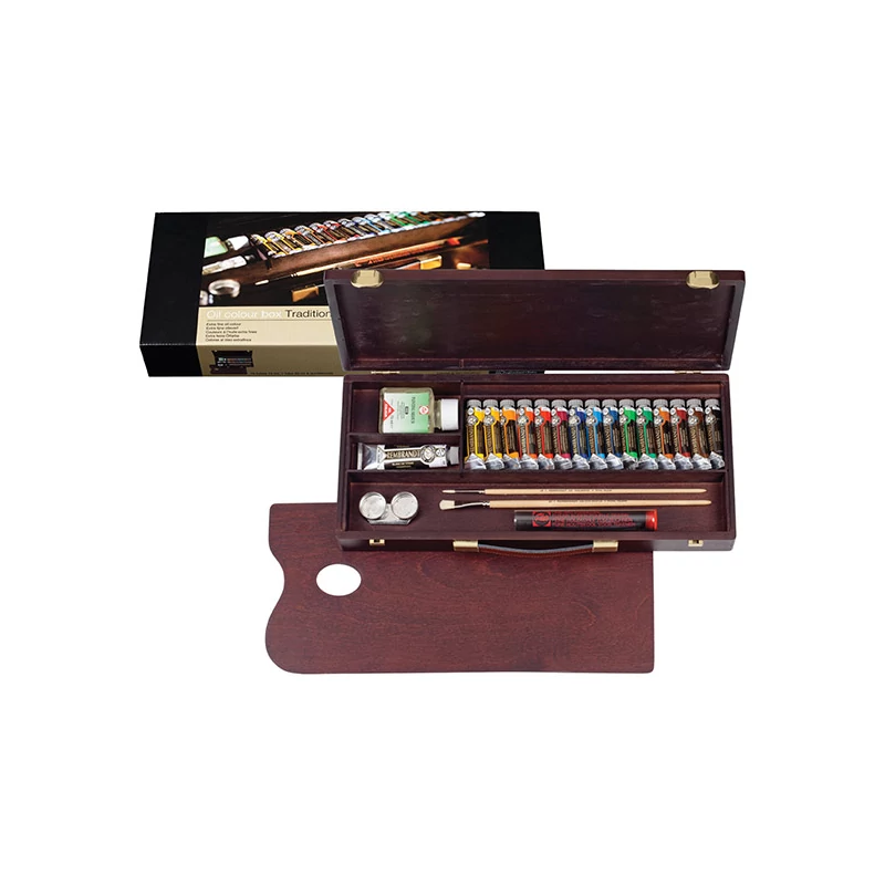 Talens Rembrandt set pictură în ulei - 15x15 ml + 1x40 ml + accesorii, în cutie de lemn