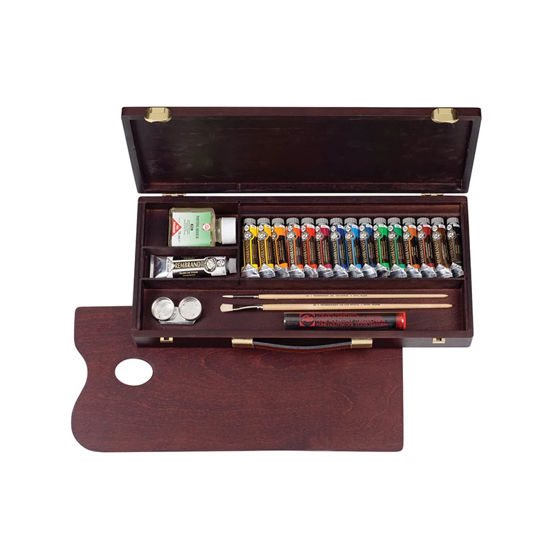 Talens Rembrandt set pictură în ulei - 15x15 ml + 1x40 ml + accesorii, în cutie de lemn