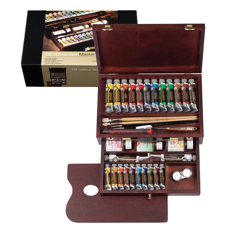 Talens Rembrandt Set pictură în ulei, Master - 10x15 ml + 12x40 ml + 2x60 ml + accesorii în cutie de lemn