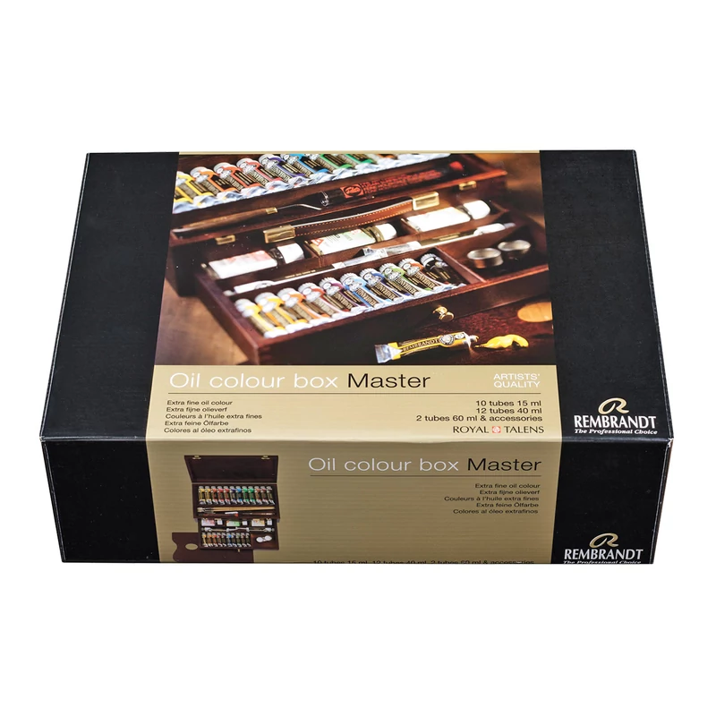 Talens Rembrandt Set pictură în ulei, Master - 10x15 ml + 12x40 ml + 2x60 ml + accesorii în cutie de lemn