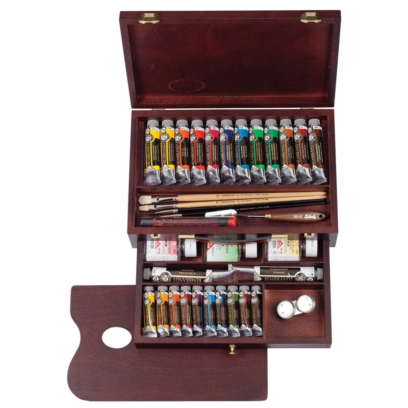 Talens Rembrandt Set pictură în ulei, Master - 10x15 ml + 12x40 ml + 2x60 ml + accesorii în cutie de lemn
