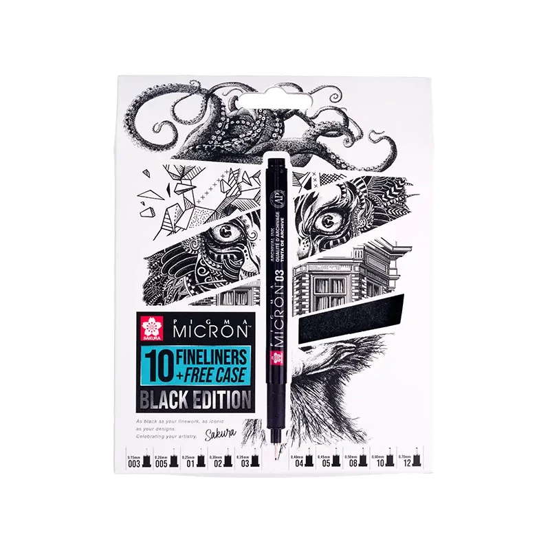 Set stilou de desen tehnic Sakura Pigma Micron - set de 10 + suport stilou, Black Edition