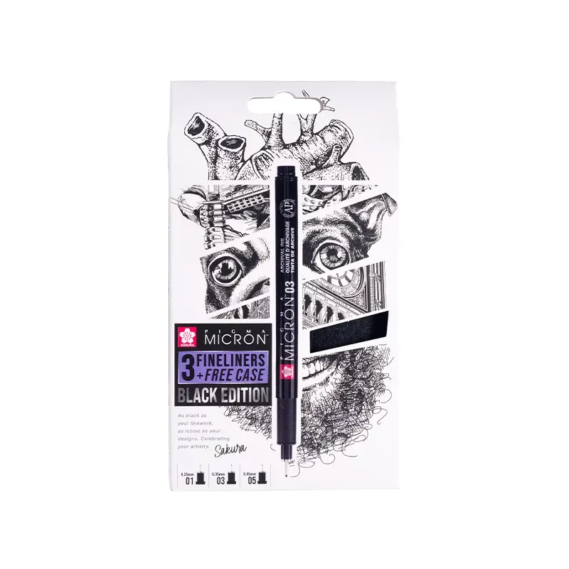 Set stilou de desen tehnic Sakura Pigma Micron - set de 3 + suport stilou, Black Edition