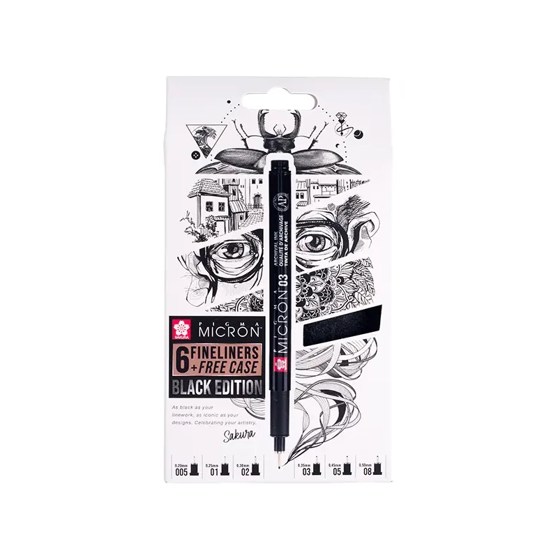 Set stilou de desen tehnic Sakura Pigma Micron - set de 6 + suport stilou, Black Edition