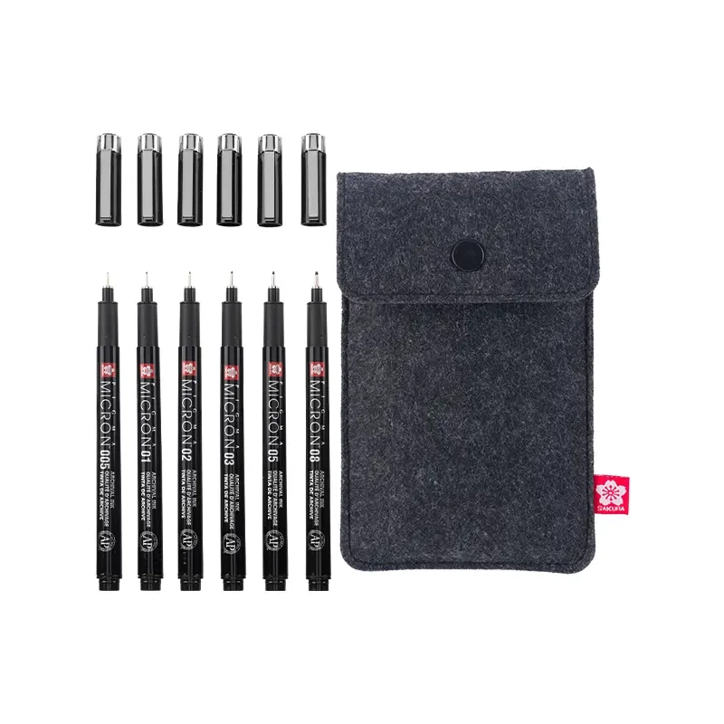 Set stilou de desen tehnic Sakura Pigma Micron - set de 6 + suport stilou, Black Edition