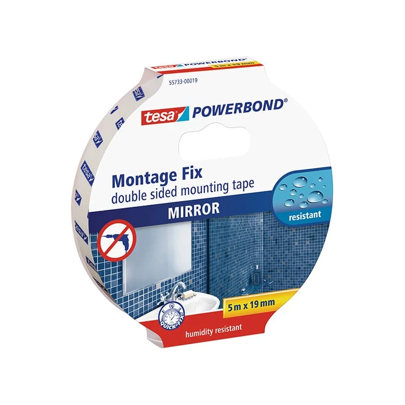 Tesa 55733 Powerbond bandă adezivă de montaj cu două fețe, pentru oglindă, 19 mm x 5 m