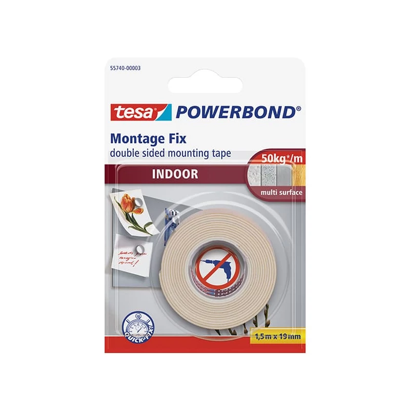 Tesa 55740 Powerbond bandă adezivă de montaj cu două fețe, interior, alb, 19 mm x1,5 m