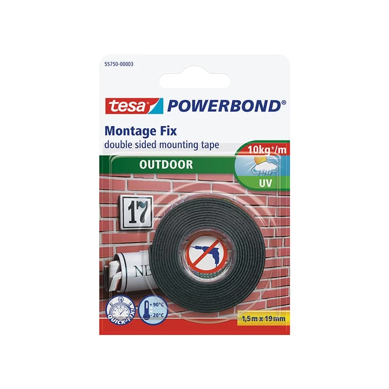 Tesa 55750 Powerbond bandă adezivă de montaj cu două fețe, exterior, negru, 19 mm x  1,5 m