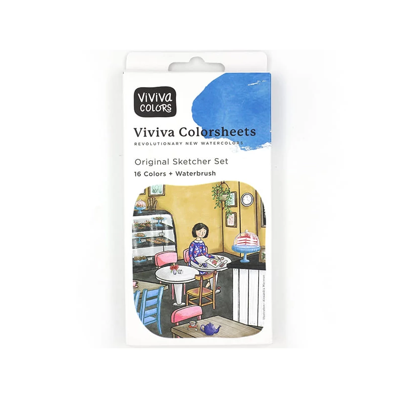 Set de palete de hârtie acuarelă Viviva Colorsheets - 16 culori + pensulă cu rezervor de apă, Original Sketcher Set